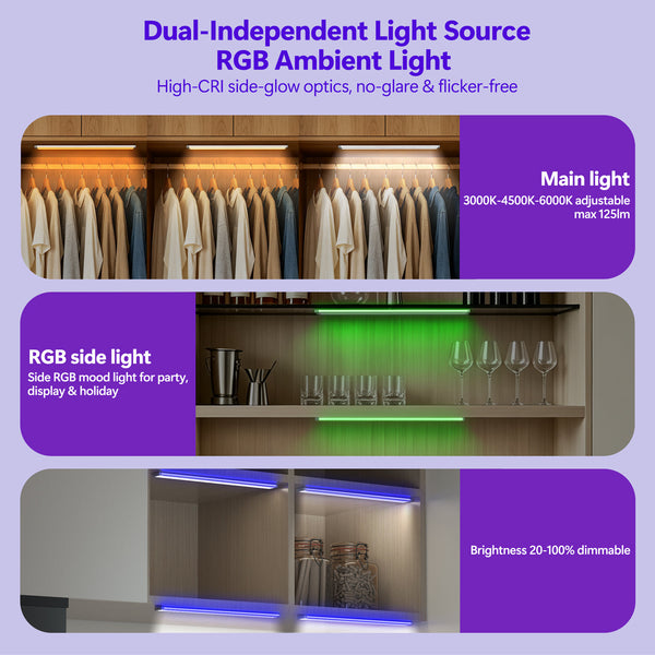 Radar Motion Sensor Under Cabinet Light, Rechargeable Magnetic LED Closet Light with Dual‑Light Source & RGB Ambient Light, 3‑Color‑Temp, Drill‑Free Wireless Light for Cabinet, Stair, Wardrobe, Display Shelf LEPOTEC SHOP