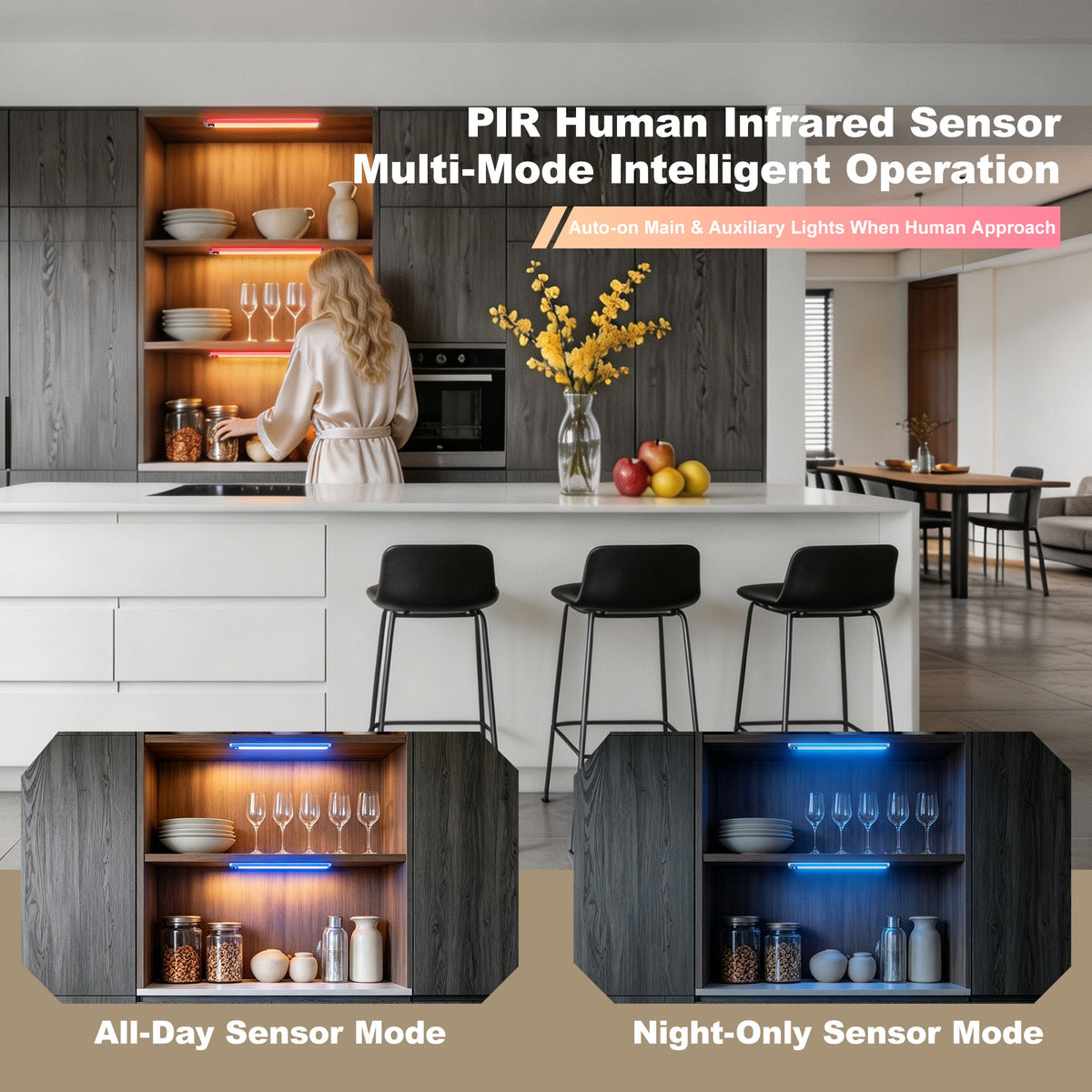 PIR Motion Sensor Under Cabinet Light, Dual‑Channel LED Closet Light with Main Lighting & RGB Ambient Light, 3 Color Temperatures Dimmable Rechargeable Wireless Magnetic Stick‑on Light for Kitchen, Wardrobe, Display Cabinet, Staircase LEPOTEC SHOP