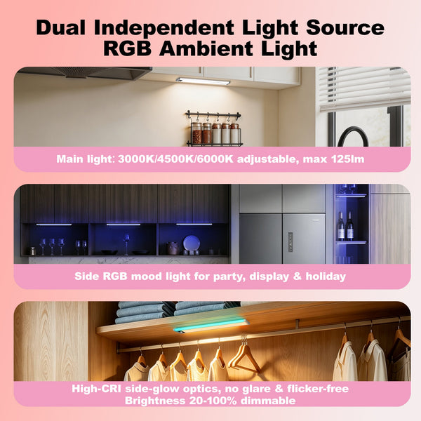 PIR Motion Sensor Under Cabinet Light, Dual‑Channel LED Closet Light with Main Lighting & RGB Ambient Light, 3 Color Temperatures Dimmable Rechargeable Wireless Magnetic Stick‑on Light for Kitchen, Wardrobe, Display Cabinet, Staircase LEPOTEC SHOP
