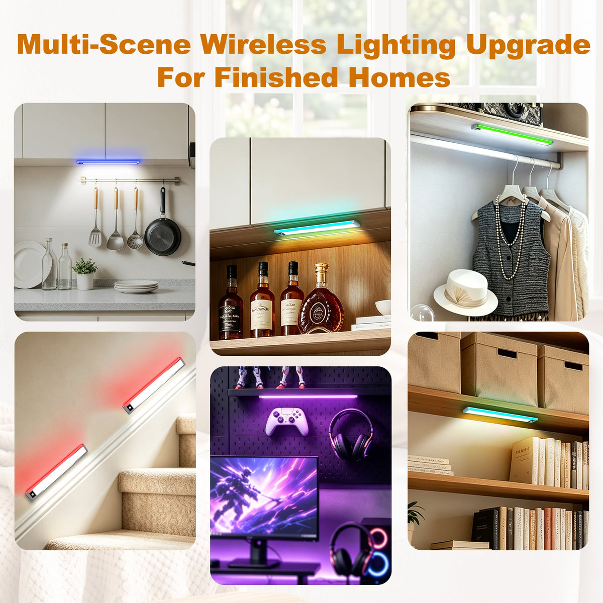 PIR Motion Sensor Under Cabinet Light, Dual‑Channel LED Closet Light with Main Lighting & RGB Ambient Light, 3 Color Temperatures Dimmable Rechargeable Wireless Magnetic Stick‑on Light for Kitchen, Wardrobe, Display Cabinet, Staircase LEPOTEC SHOP