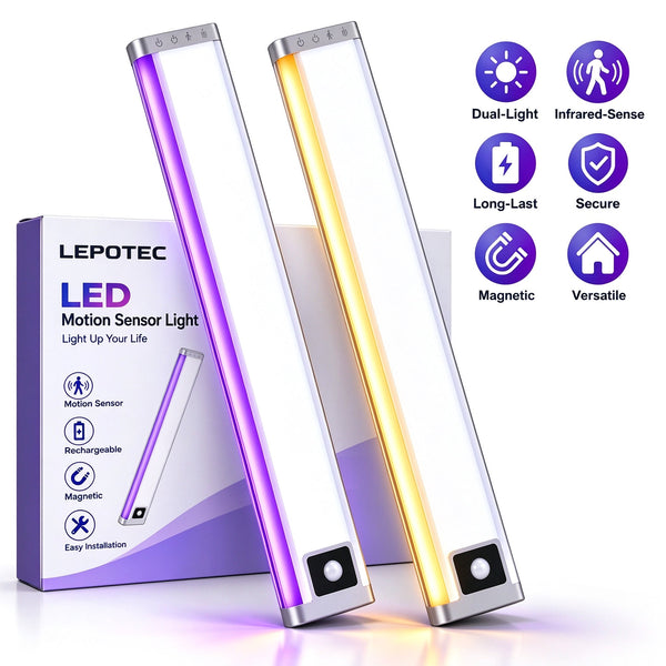 PIR Motion Sensor Under Cabinet Light, Dual‑Channel LED Closet Light with Main Lighting & RGB Ambient Light, 3 Color Temperatures Dimmable Rechargeable Wireless Magnetic Stick‑on Light for Kitchen, Wardrobe, Display Cabinet, Staircase LEPOTEC SHOP