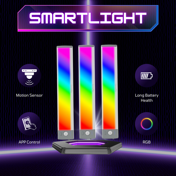 Smartlight RGB lamp with motion sensor, app control, and long battery health features on a dark background.