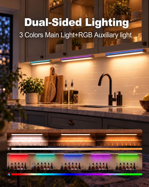 Radar Sensor Dual-Sided LED Cabinet Light, USB-C Rechargeable Under Shelf Lamp with 3-Color White Light & RGB Ambient Light, Magnetic No Drill Display Light for Wine Cabinet, Closet, RV & Gaming Room LEPOTEC SHOP