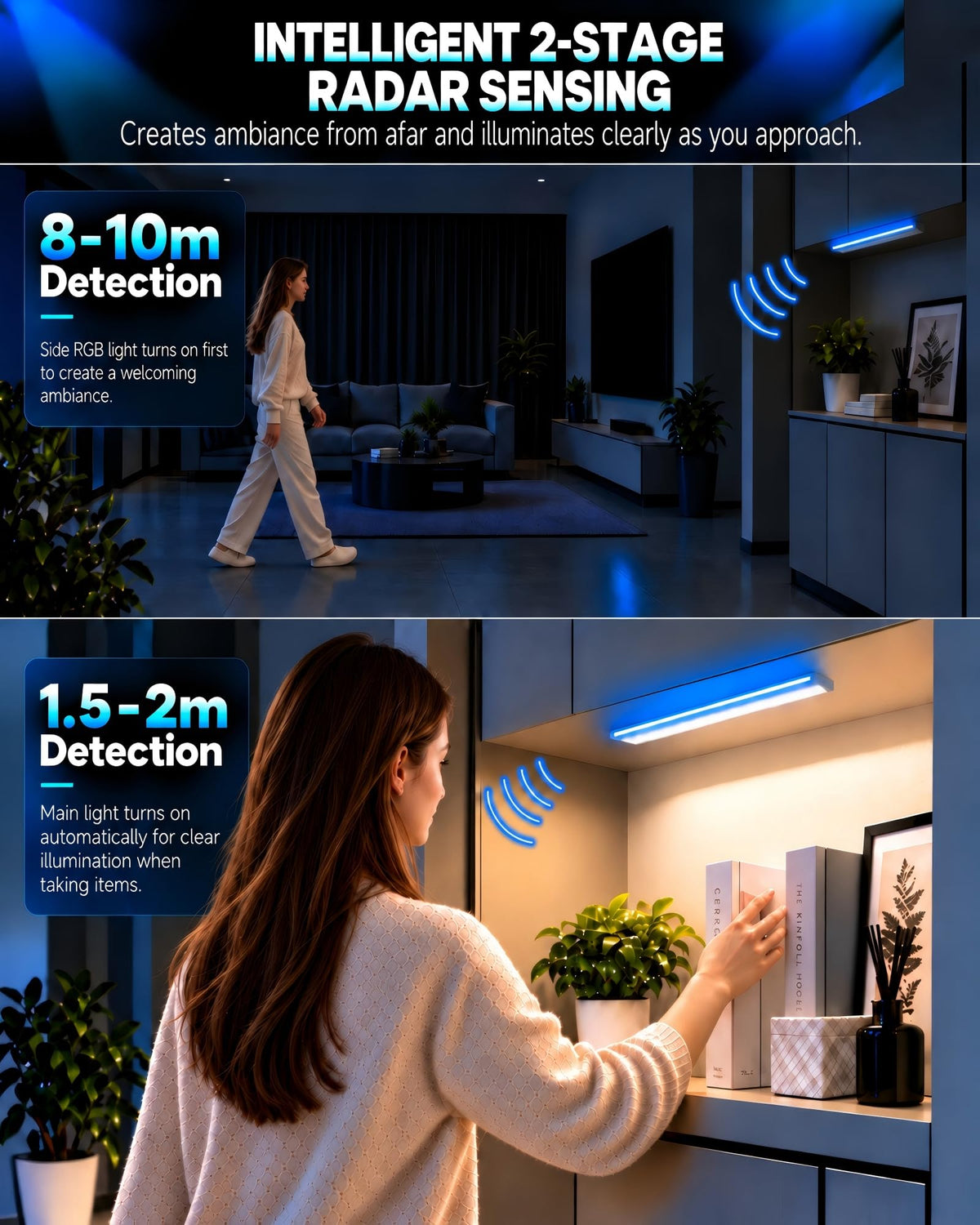 Radar Motion Sensor Under Cabinet Light, USB-C Rechargeable Dual-Sided LED Cabinet Lamp（set of 2） LEPOTEC SHOP