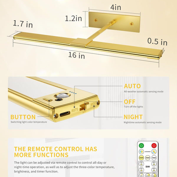 16 Inch Dimmable Picture Light, Gold LED Art Painting Wall Light with Remote Control & Timer, 3 Color Temperatures, Battery Operated Wall Sconce for Framed Pictures (Golden, 16 INCH) LEPOTEC SHOP