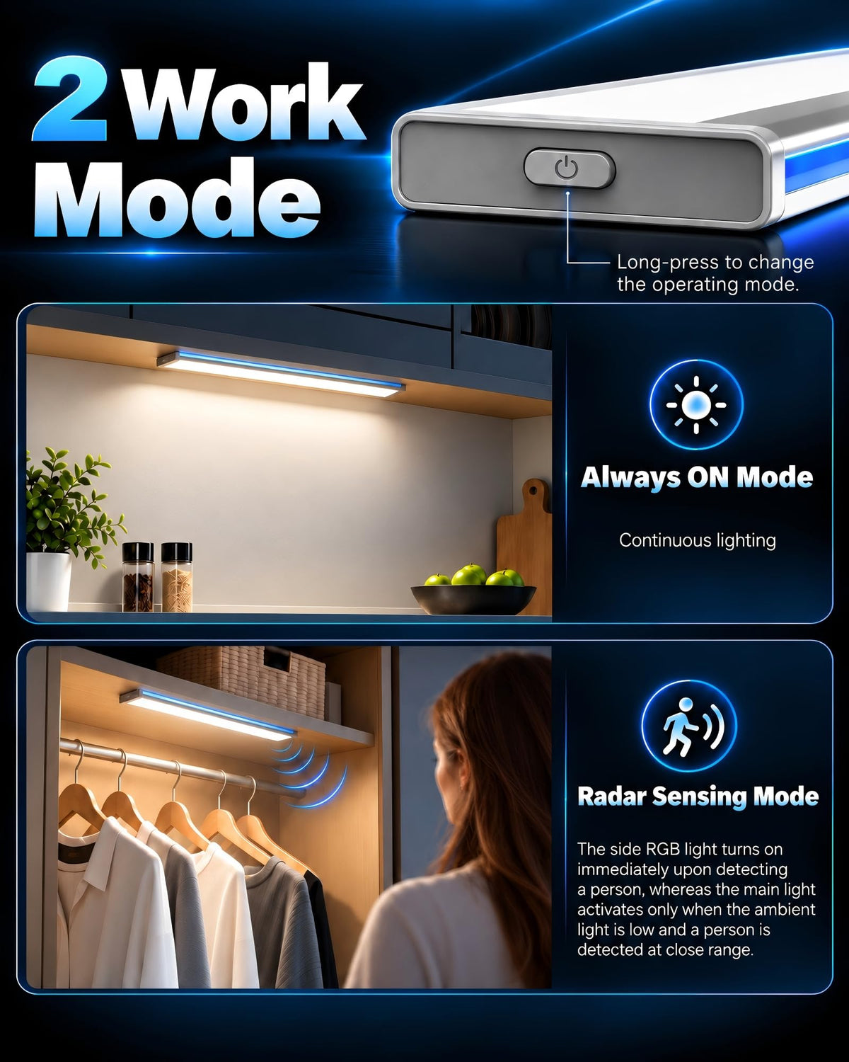 Radar Motion Sensor Under Cabinet Light, USB-C Rechargeable Dual-Sided LED Cabinet Lamp（set of 2） LEPOTEC SHOP