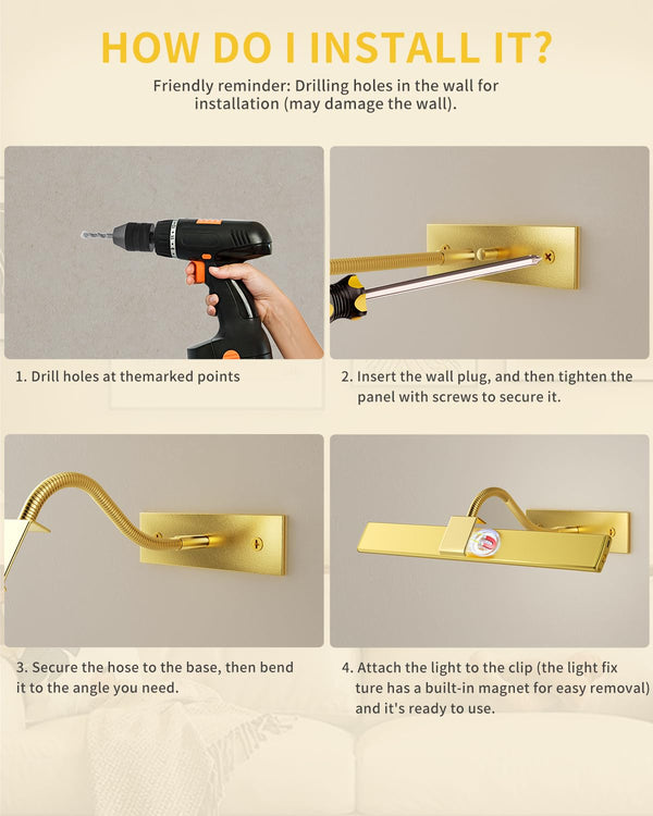 16 Inch Dimmable Picture Light, Gold LED Art Painting Wall Light with Remote Control & Timer, 3 Color Temperatures, Battery Operated Wall Sconce for Framed Pictures (Golden, 16 INCH) LEPOTEC SHOP