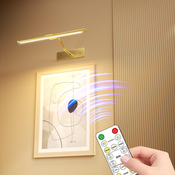 16 Inch Dimmable Picture Light, Gold LED Art Painting Wall Light with Remote Control & Timer, 3 Color Temperatures, Battery Operated Wall Sconce for Framed Pictures (Golden, 16 INCH) LEPOTEC SHOP