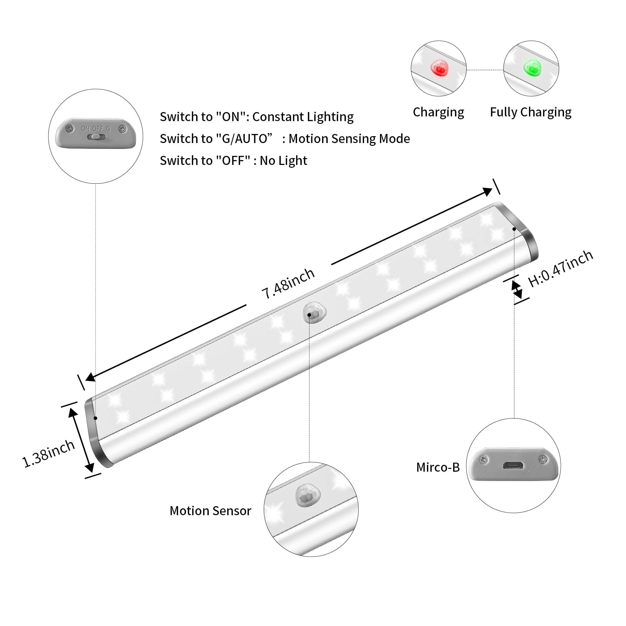 LEPOTEC LEPOTEC Wireless Rechargeable Motion Sensor Cabinet Lights 20-LED