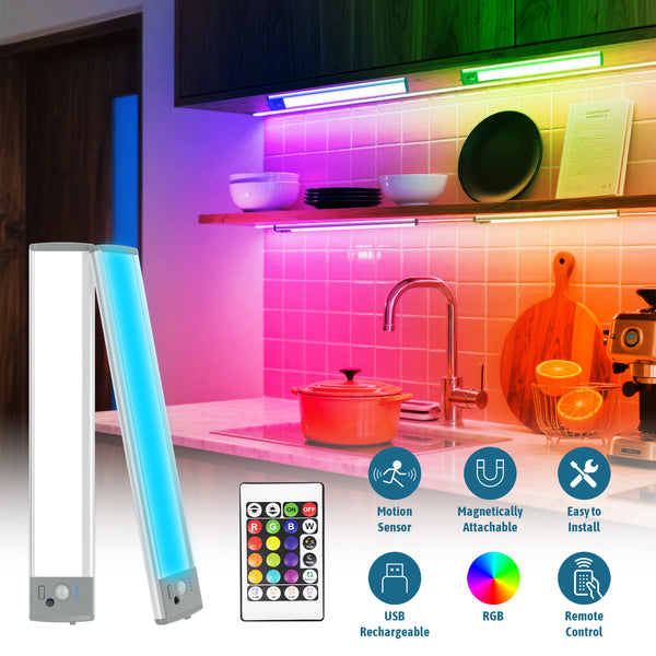 Smart LED strip lights with remote control in a kitchen setting, showing RGB color changes.