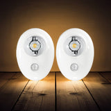 Two motion sensor lights on a wooden surface with a dark background