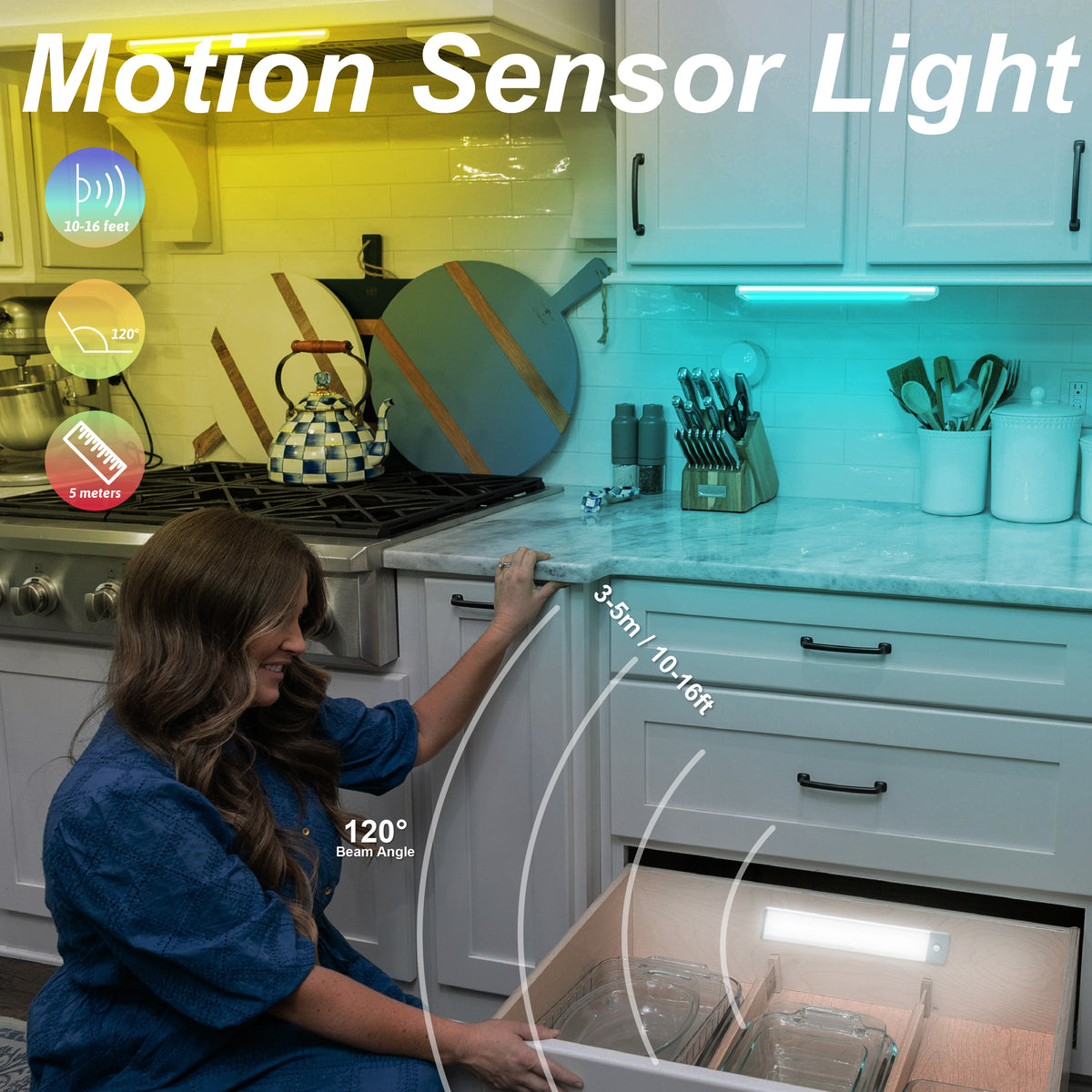 Woman using a motion sensor light in a kitchen