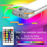 Color-changing LED strip with remote control and labeled components on a colorful background