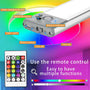 Color-changing LED strip with remote control and labeled components on a colorful background