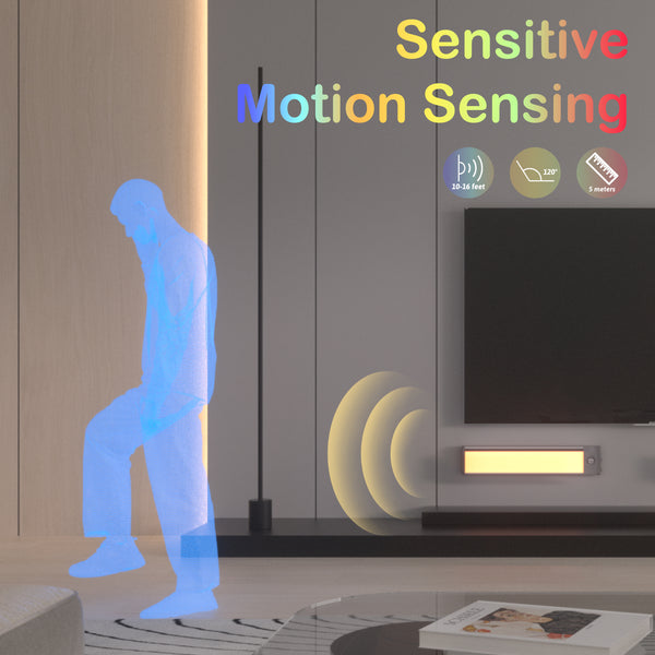 Silhouette of a person in front of a motion-sensing light with text 'Sensitive Motion Sensing' displayed.